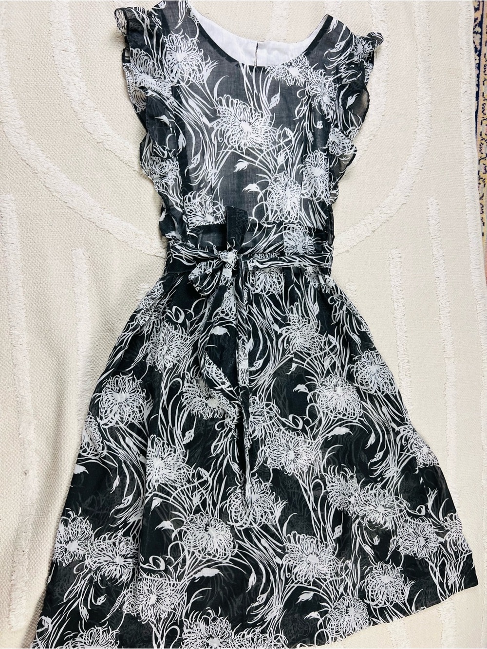 Vintage 70s Black&White Floral Sheer Wrap Midi Dress–Open Back Prairie Dress S/M